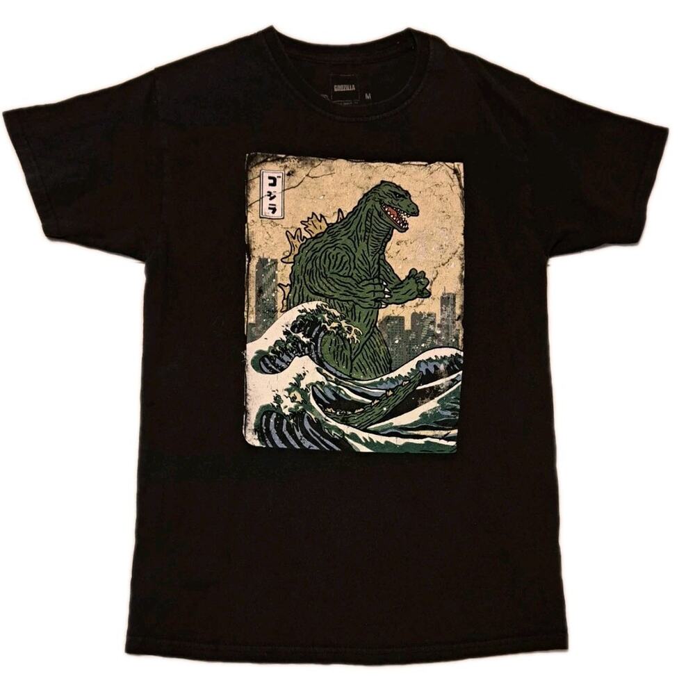 Godzilla Men’s Medium Black Acid Wash Graphic T-Shirt Short Sleeve Distressed